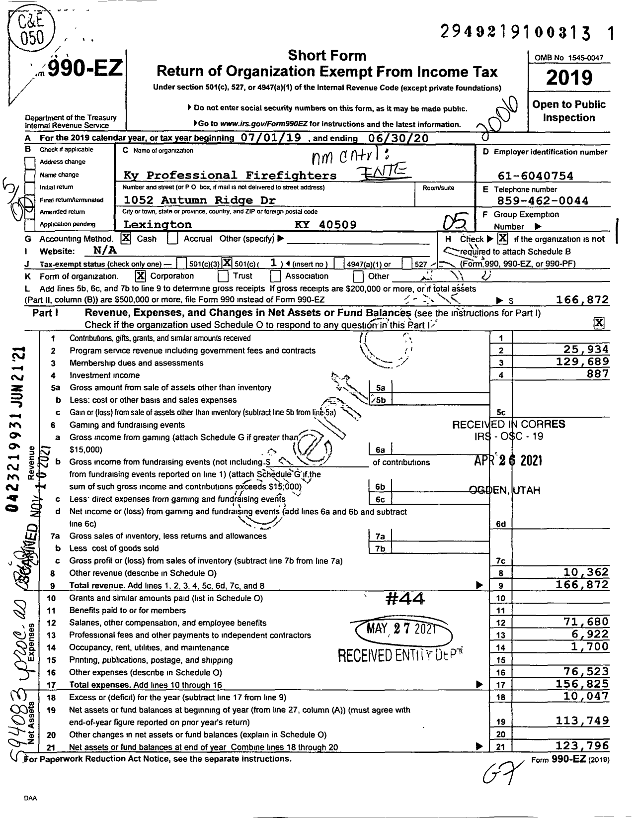 Image of first page of 2019 Form 990EO for International Association of Fire Fighters - 16 A Kentucky Prof Fire Fighters