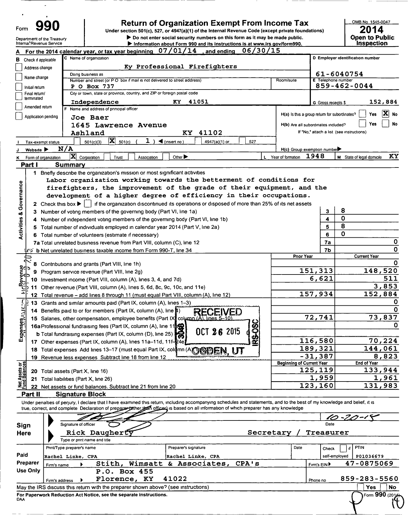 Image of first page of 2014 Form 990O for International Association of Fire Fighters - 16 A Kentucky Prof Fire Fighters