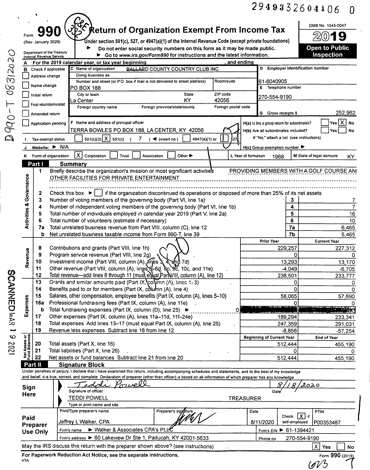 Image of first page of 2019 Form 990O for Ballard County Country Club