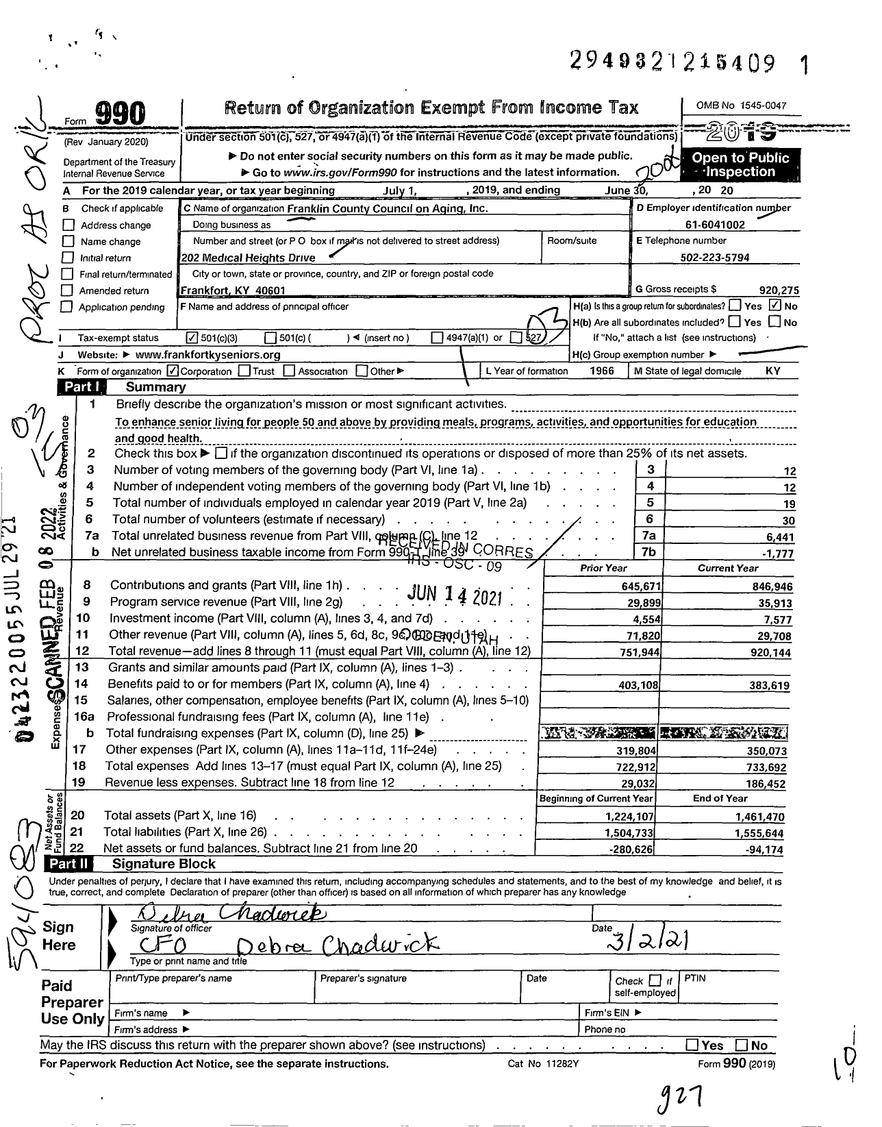 Image of first page of 2019 Form 990 for Franklin County Council on Aging
