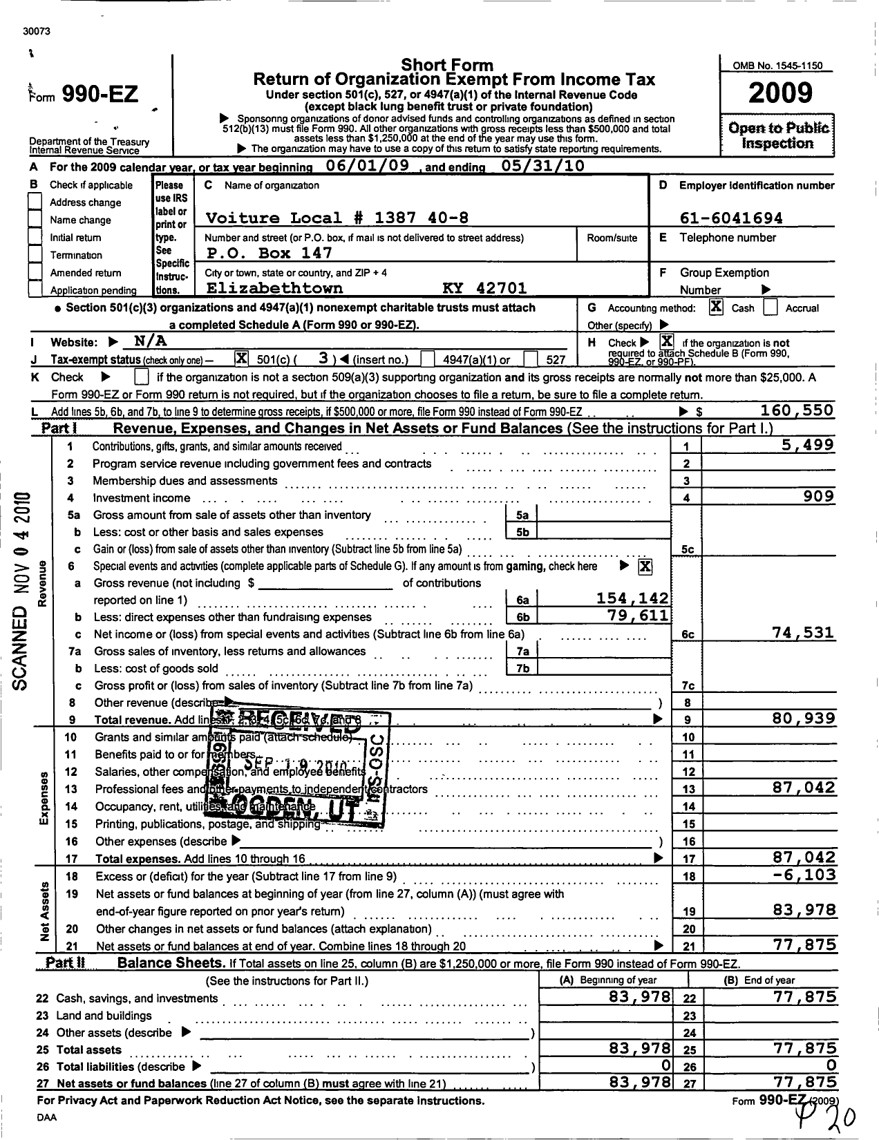 Image of first page of 2009 Form 990EZ for The Forty and Eight - 1387 Voiture Locale