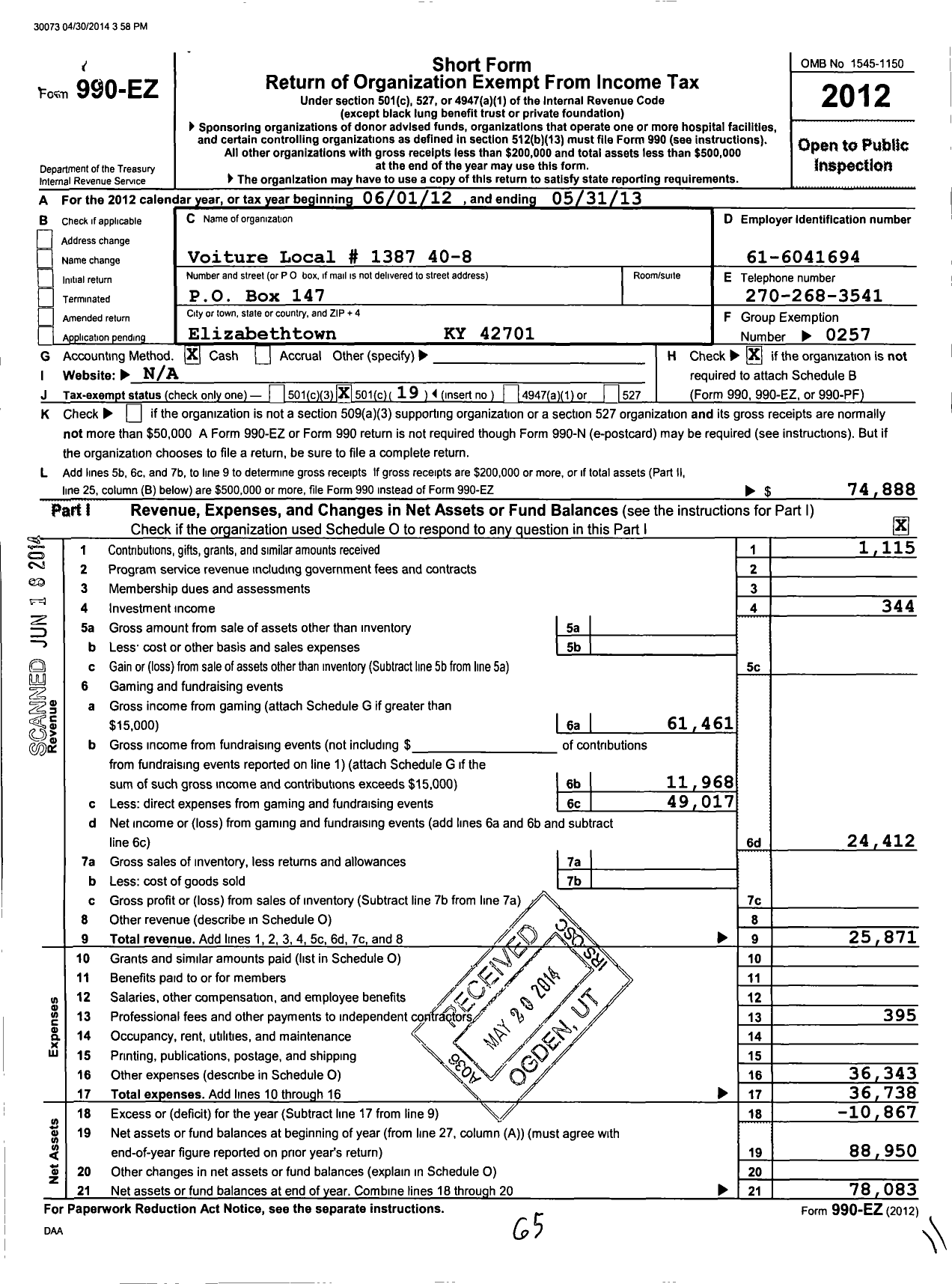 Image of first page of 2012 Form 990EO for The Forty and Eight - 1387 Voiture Locale