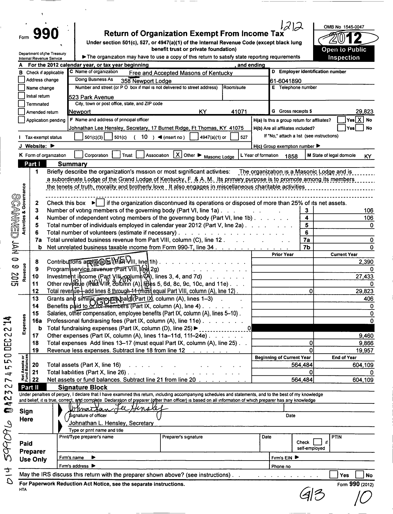 Image of first page of 2012 Form 990O for Free and Accepted Masons of Kentucky - 163 Trinity Lodge