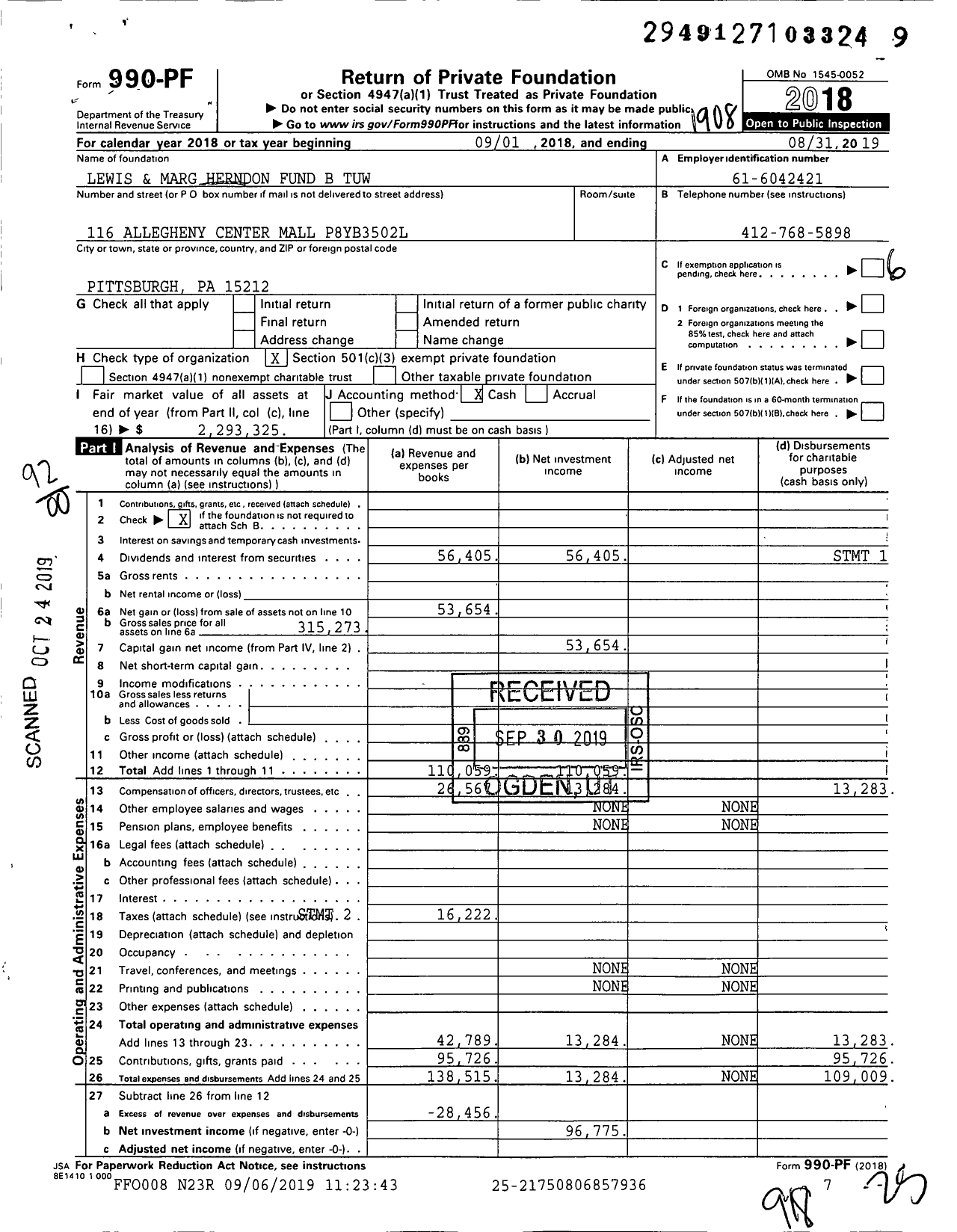 Image of first page of 2018 Form 990PF for Lewis and Marg Herndon Fund B Tuw