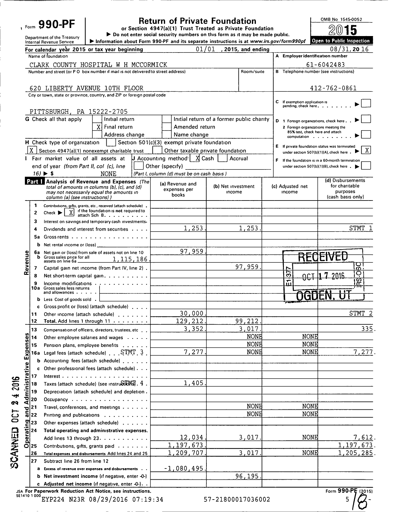 Image of first page of 2015 Form 990PF for Clark County Hospital W H Mccormick