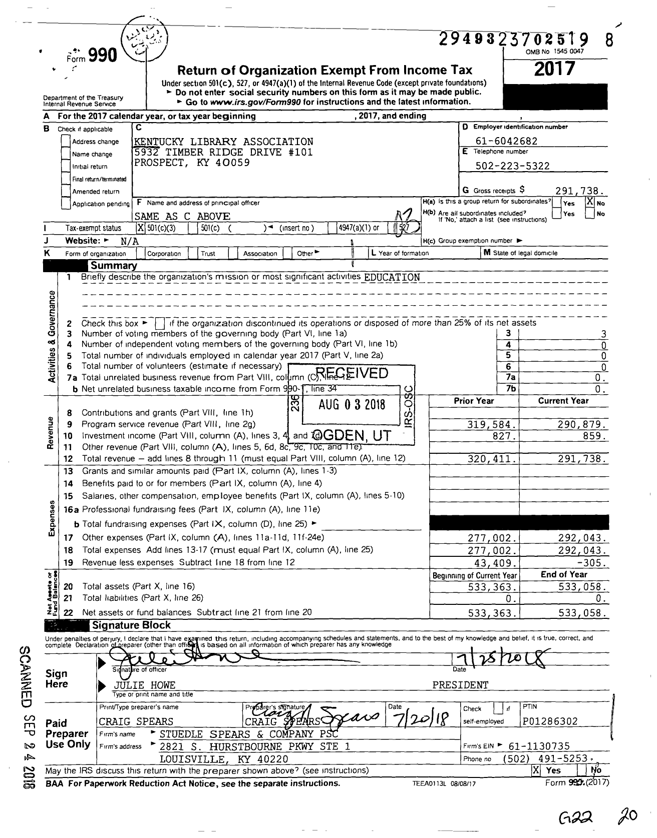 Image of first page of 2017 Form 990 for Kentucky Library Association