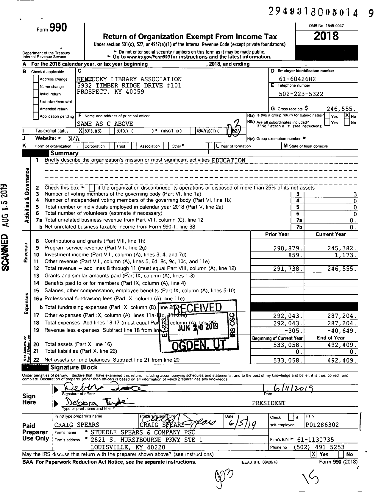 Image of first page of 2018 Form 990 for Kentucky Library Association