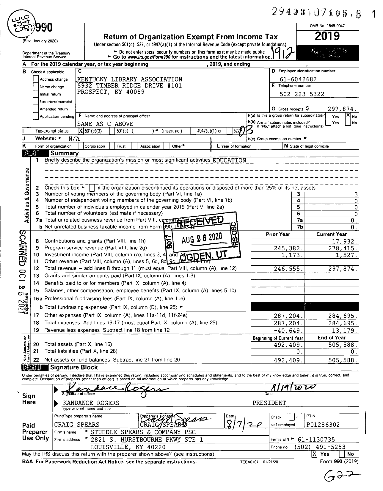 Image of first page of 2019 Form 990 for Kentucky Library Association