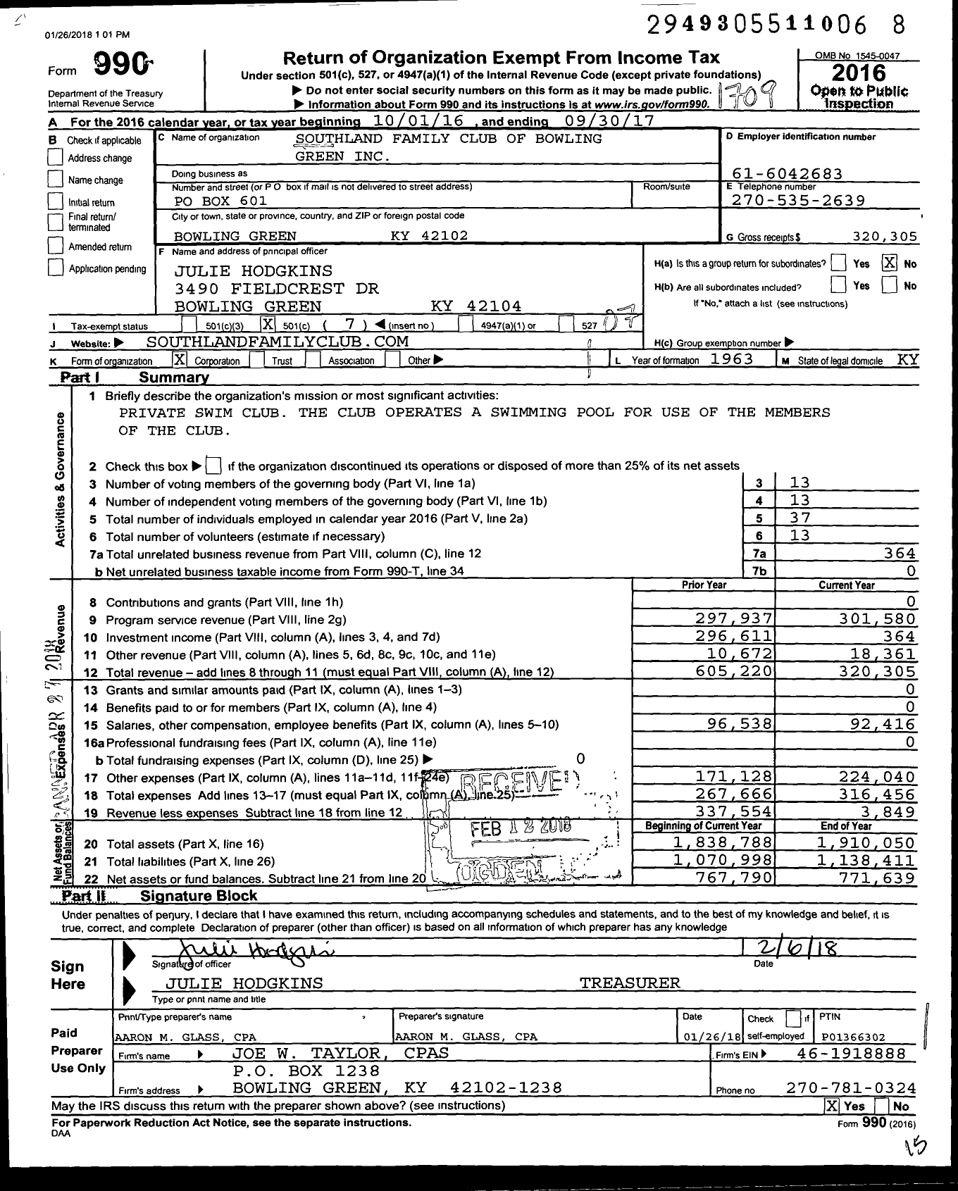 Image of first page of 2016 Form 990O for Southland Family Club of Bowling Green
