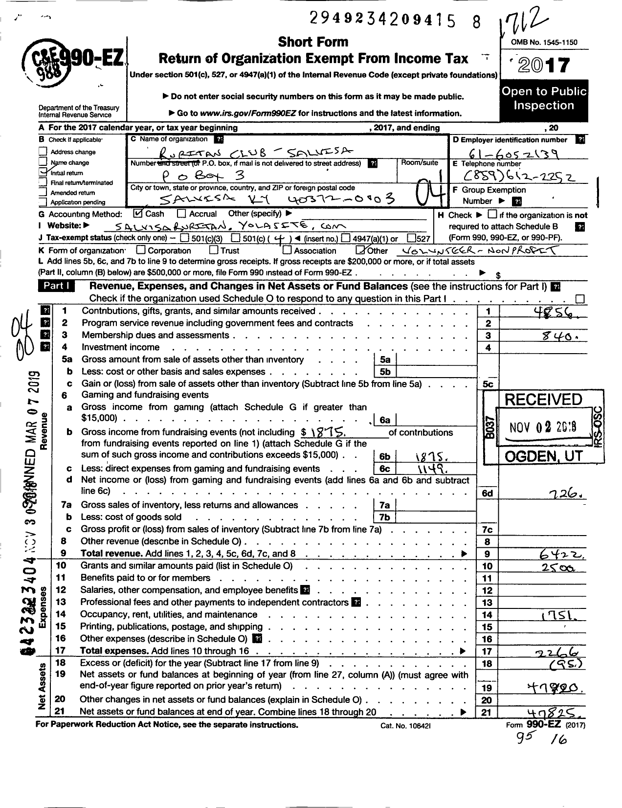 Image of first page of 2017 Form 990EO for Ruritan - Salvisa