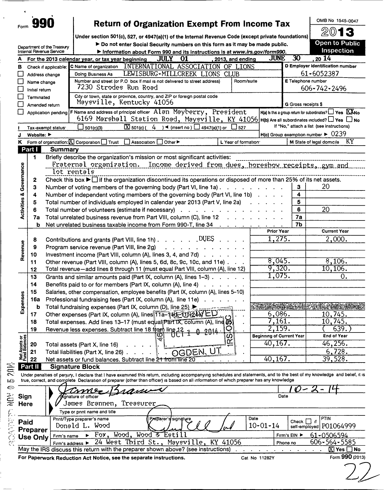 Image of first page of 2013 Form 990O for Lions Clubs - Lewisburg Millcreek Lions Club