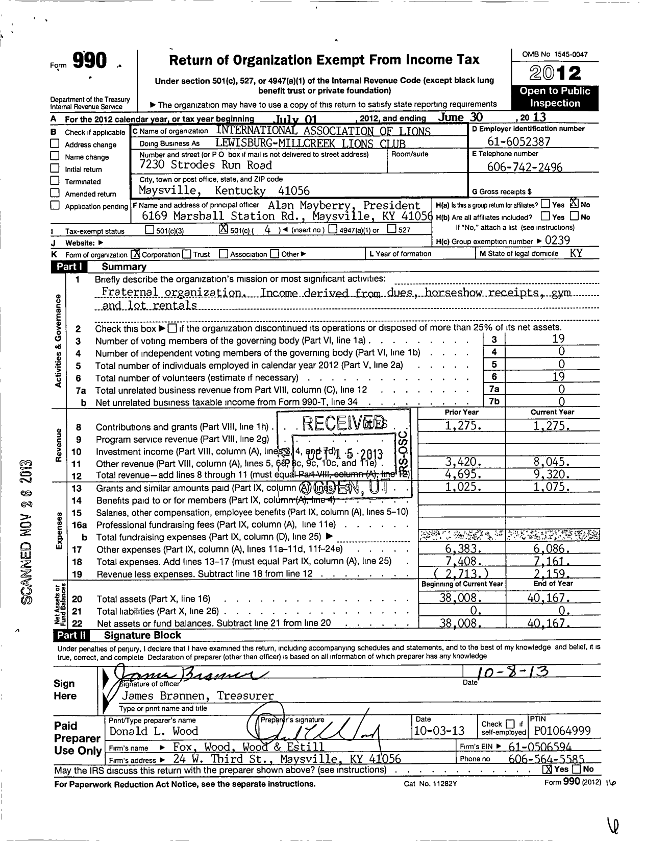 Image of first page of 2012 Form 990O for Lions Clubs - Lewisburg Millcreek Lions Club