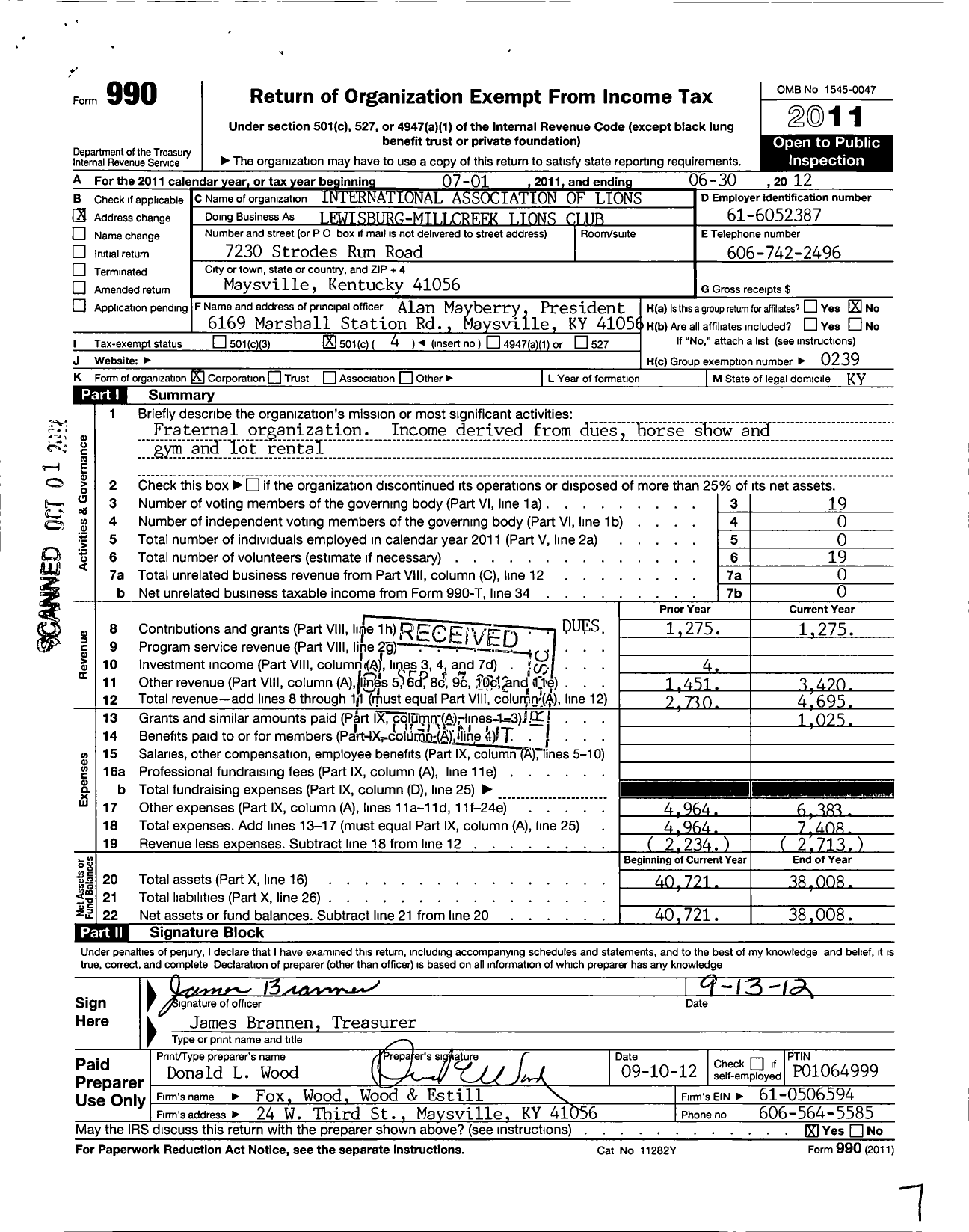 Image of first page of 2011 Form 990O for Lions Clubs - Lewisburg Millcreek Lions Club