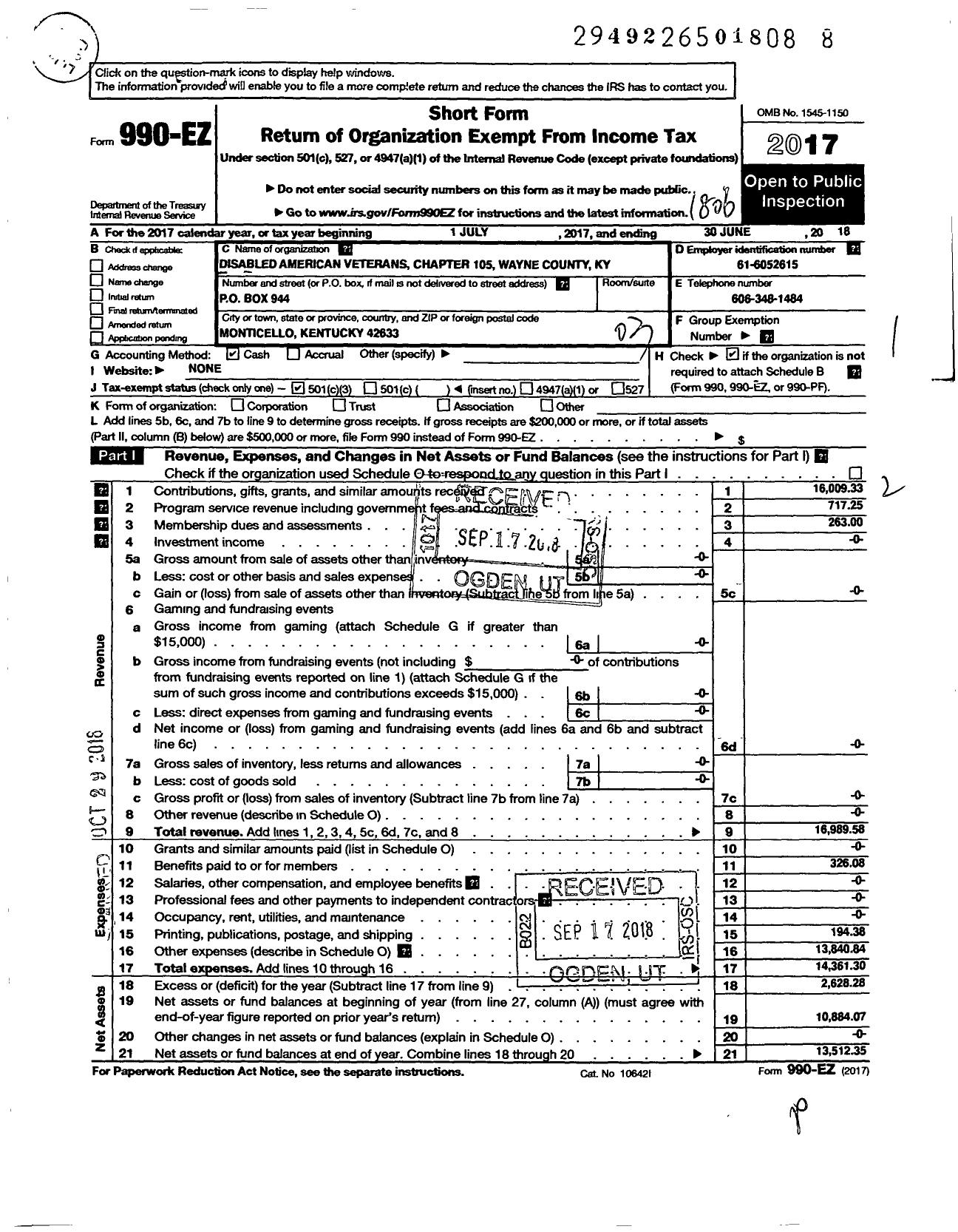 Image of first page of 2017 Form 990EZ for Disabled American Veterans - 105 Wayne County