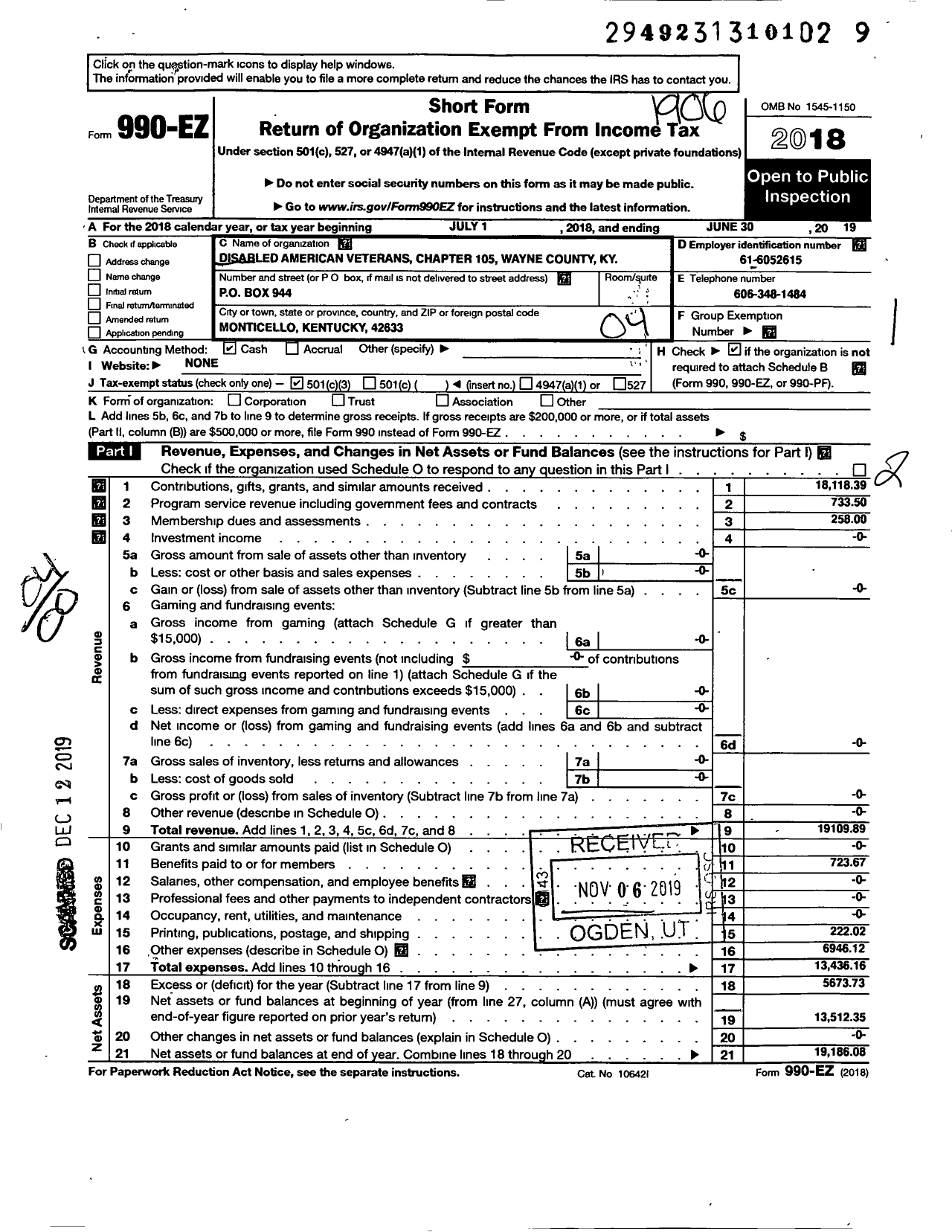 Image of first page of 2018 Form 990EO for Disabled American Veterans - 105 Wayne County