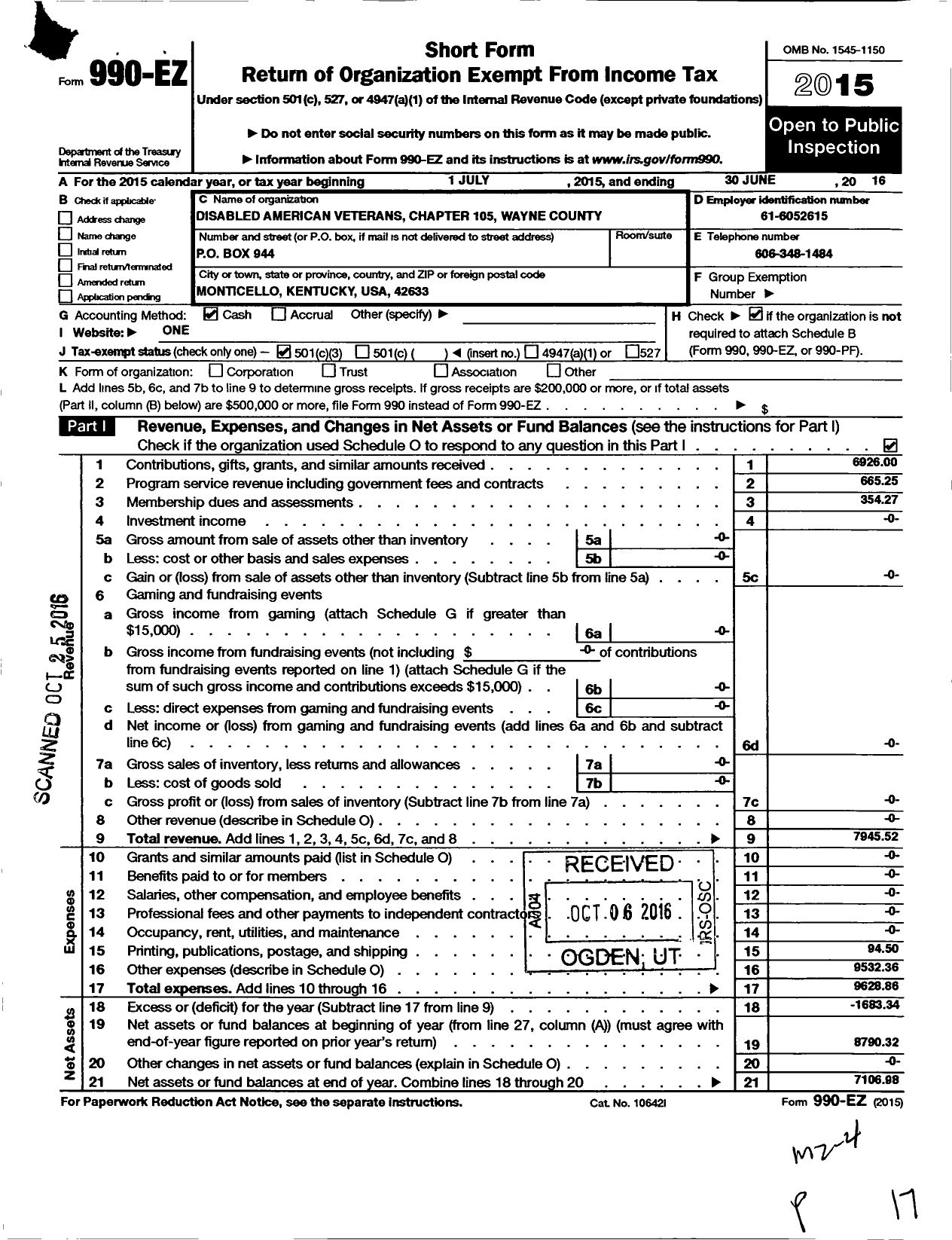 Image of first page of 2015 Form 990EZ for Disabled American Veterans - 105 Wayne County