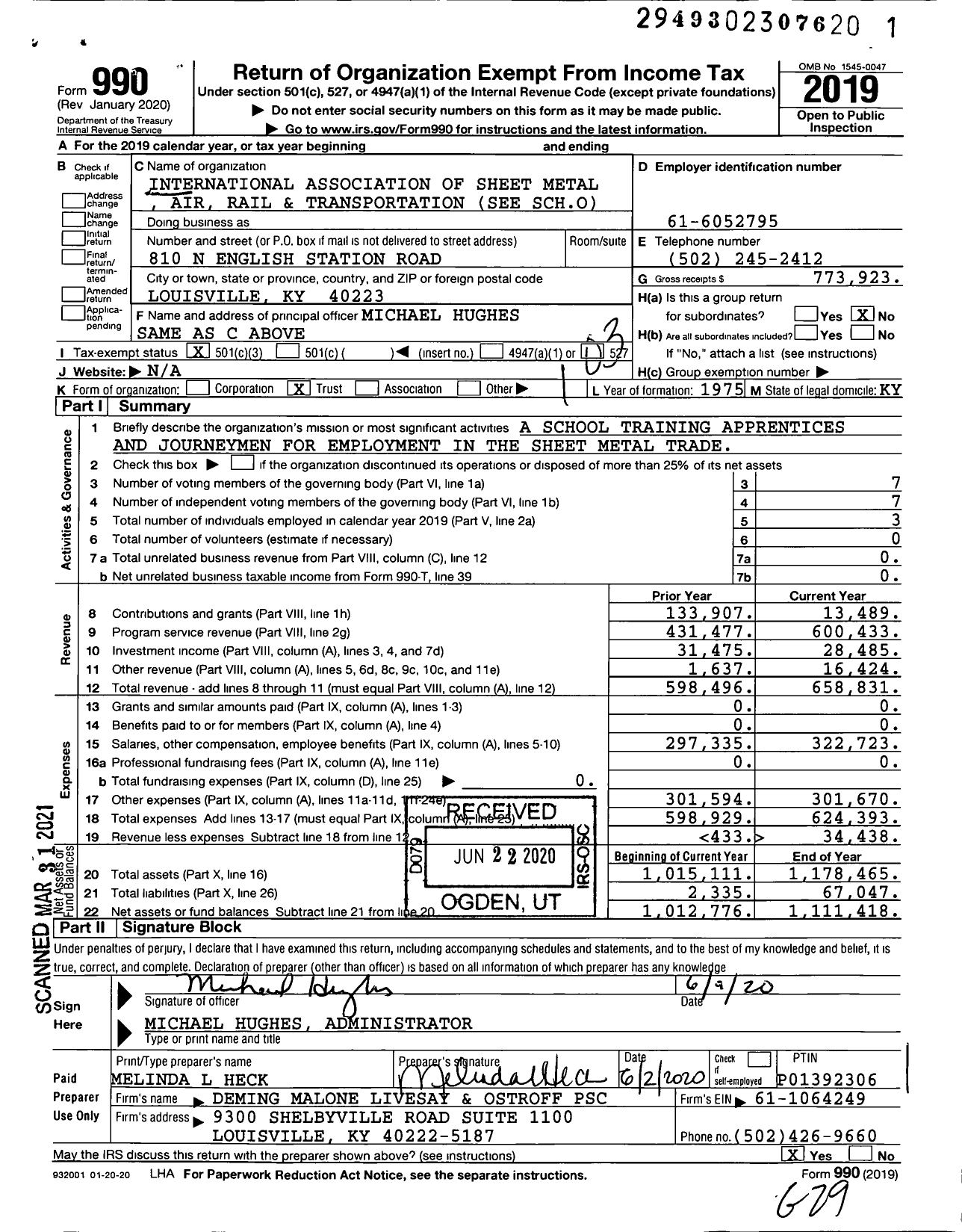 Image of first page of 2019 Form 990 for International Association of Sheet Metal Air Rail and Transportation / 110 Education & Training Trust Fund