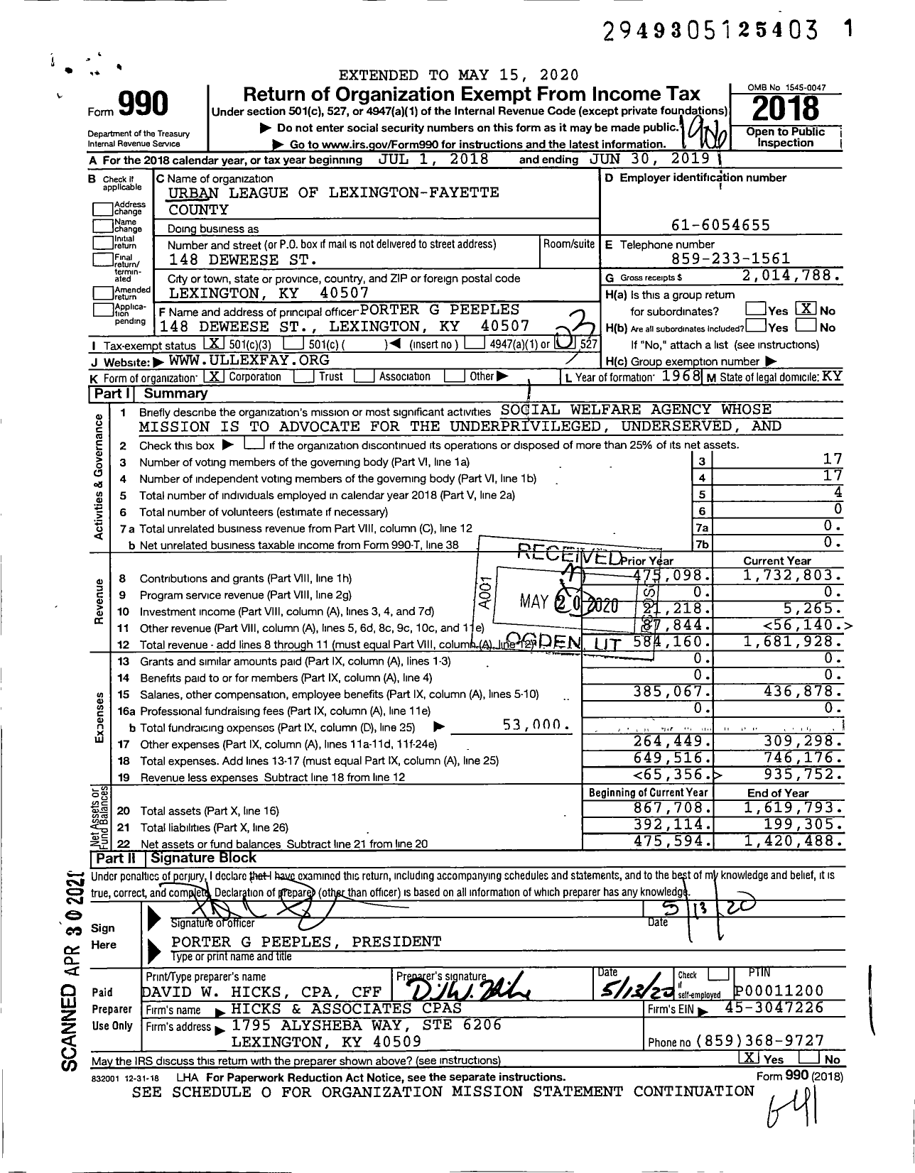 Image of first page of 2018 Form 990 for Urban League of Lexington-Fayette County