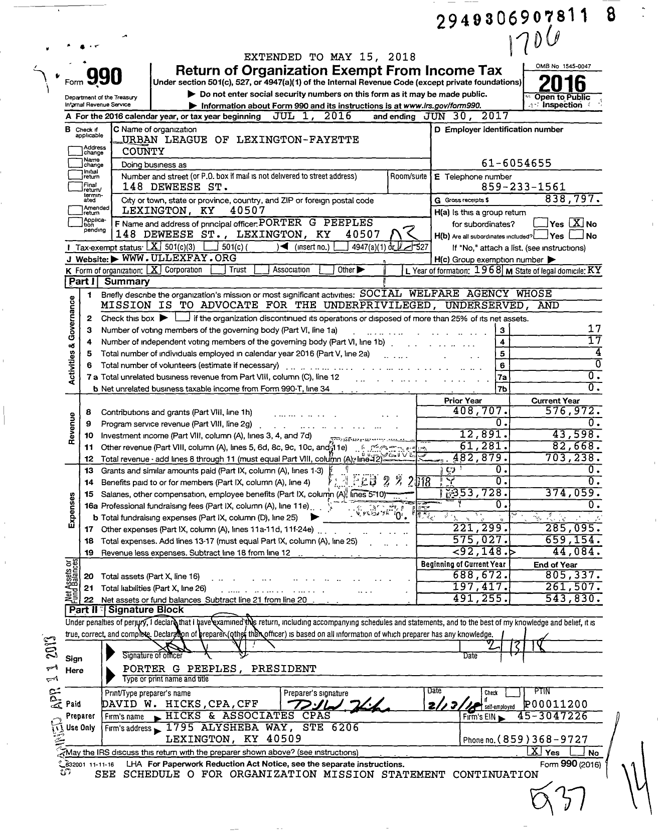 Image of first page of 2016 Form 990 for Urban League of Lexington-Fayette County