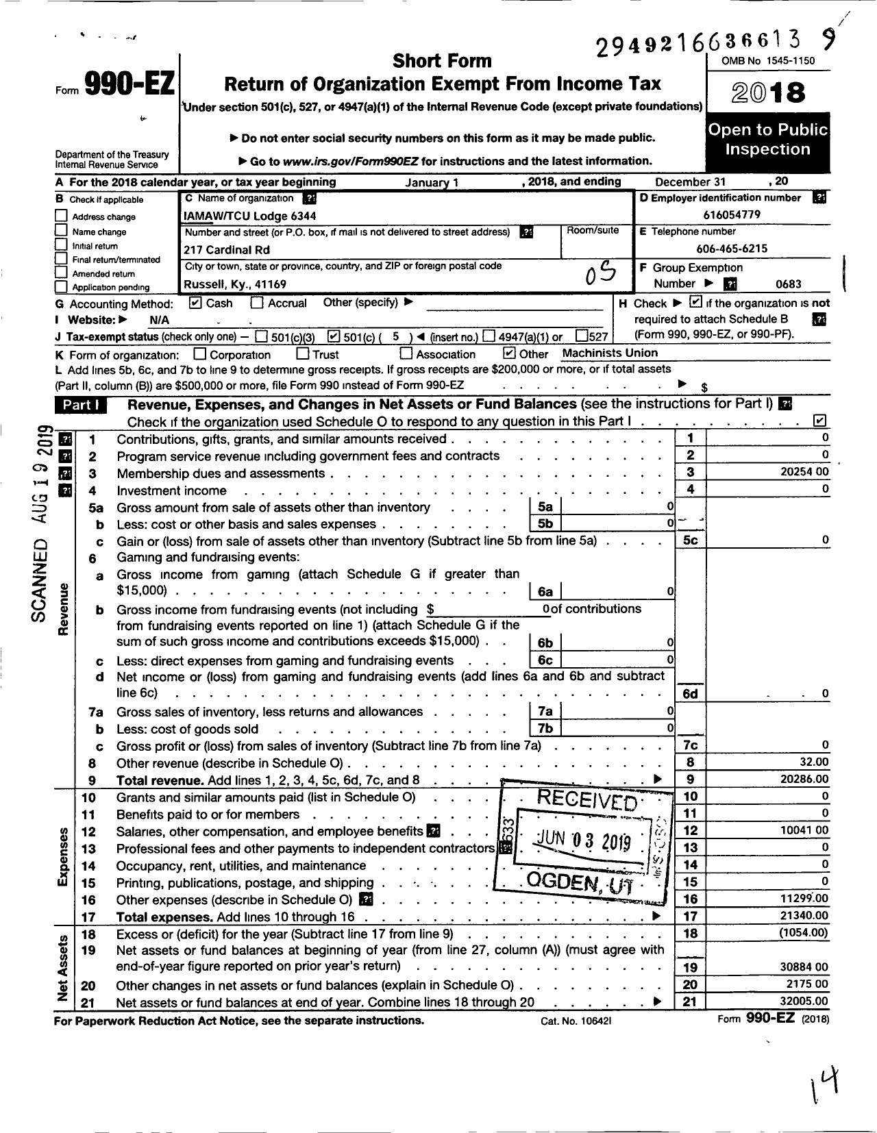 Image of first page of 2018 Form 990EO for Transportation-Communications Union / T6344 Lodge