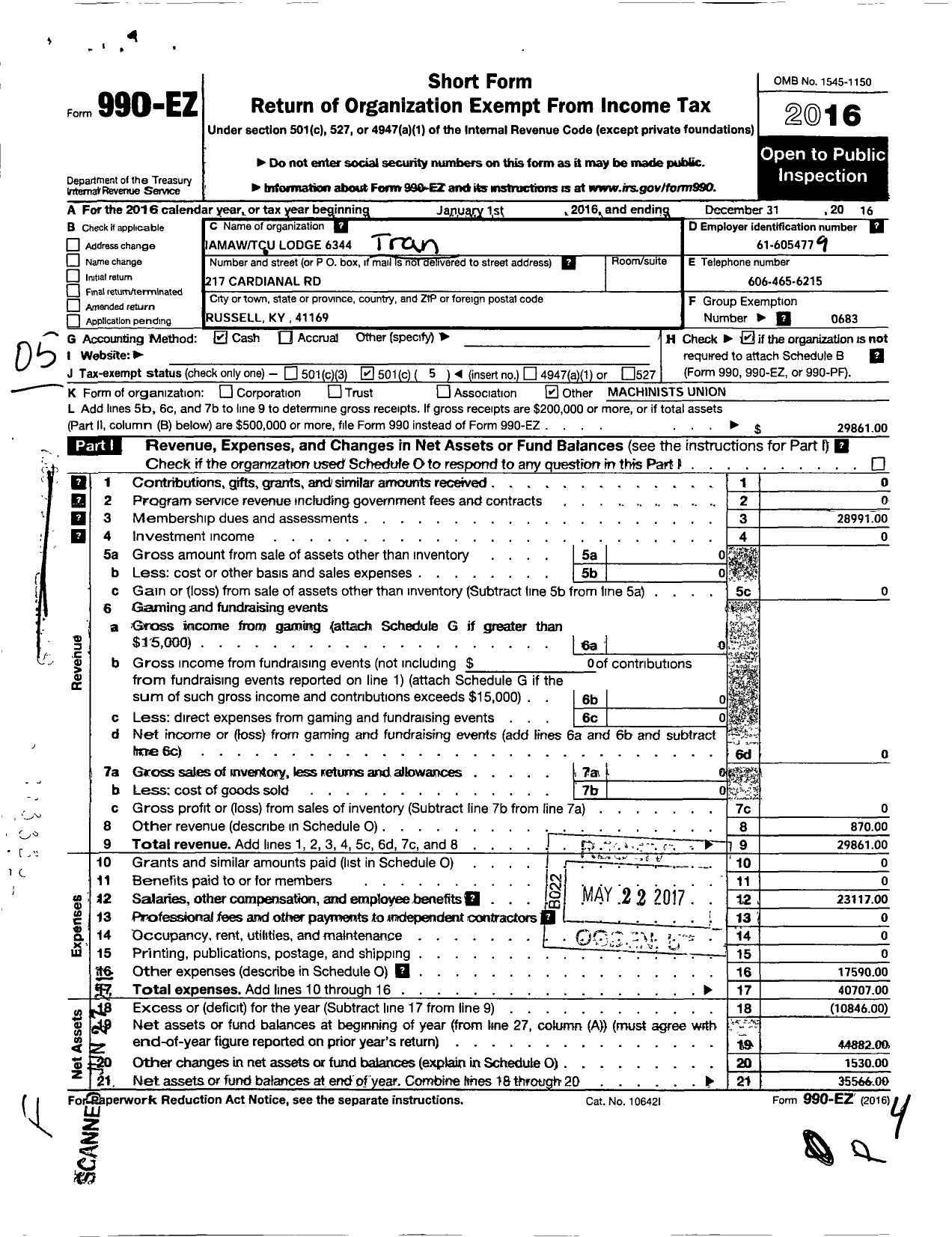 Image of first page of 2016 Form 990EO for Transportation-Communications Union / T6344 Lodge