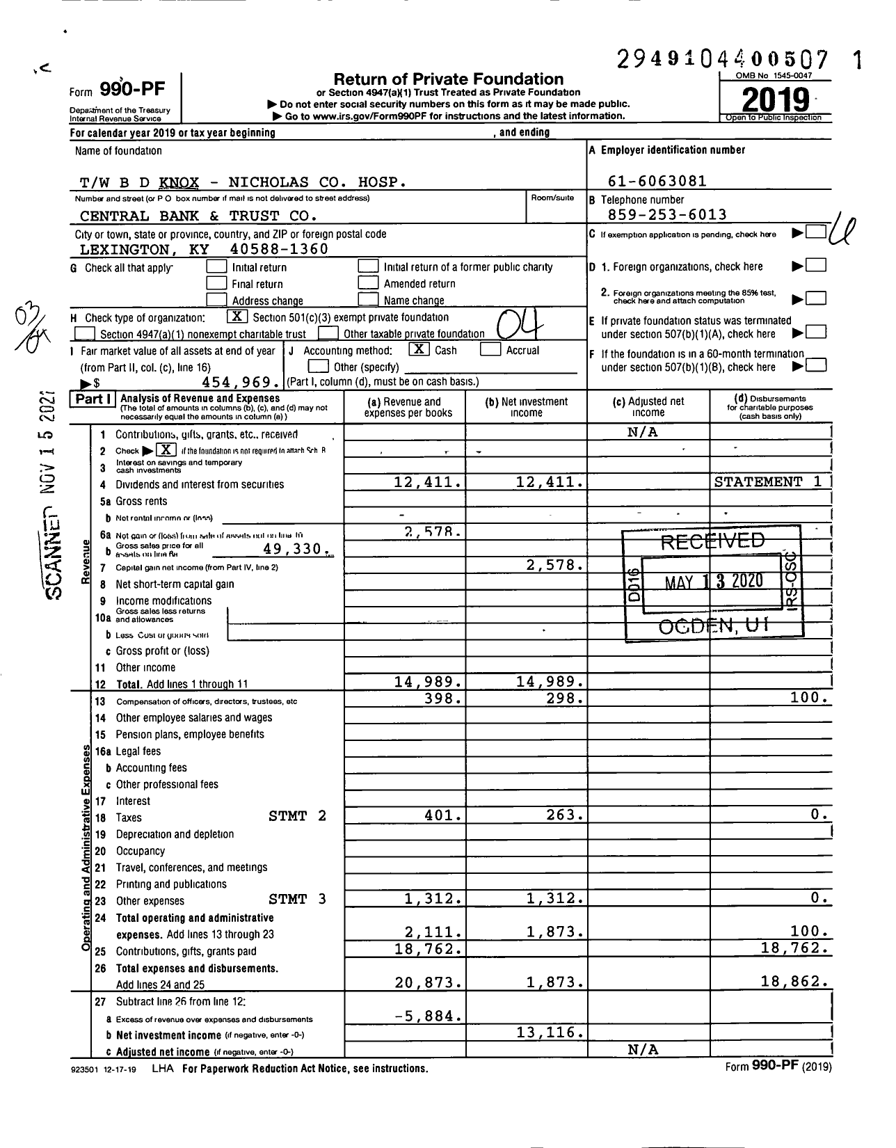 Image of first page of 2019 Form 990PF for TW B D Knox - Nicholas Hospital