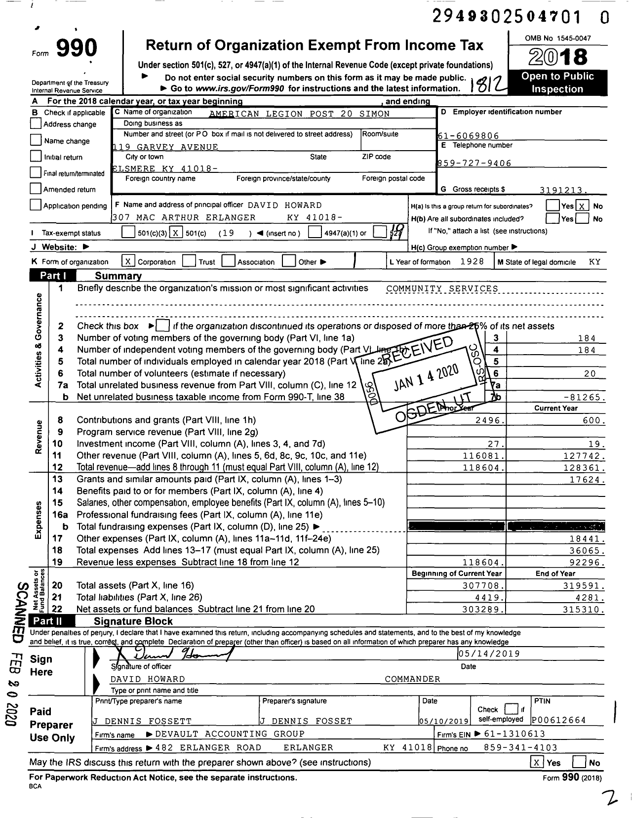 Image of first page of 2018 Form 990O for American Legion - 20 Simon Kenton