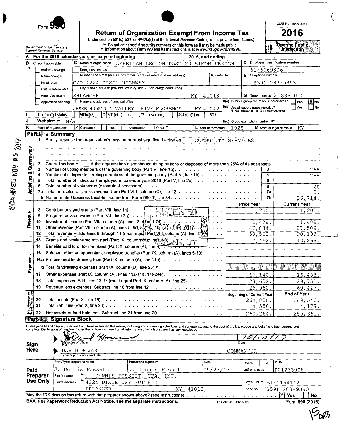 Image of first page of 2016 Form 990O for American Legion - 20 Simon Kenton