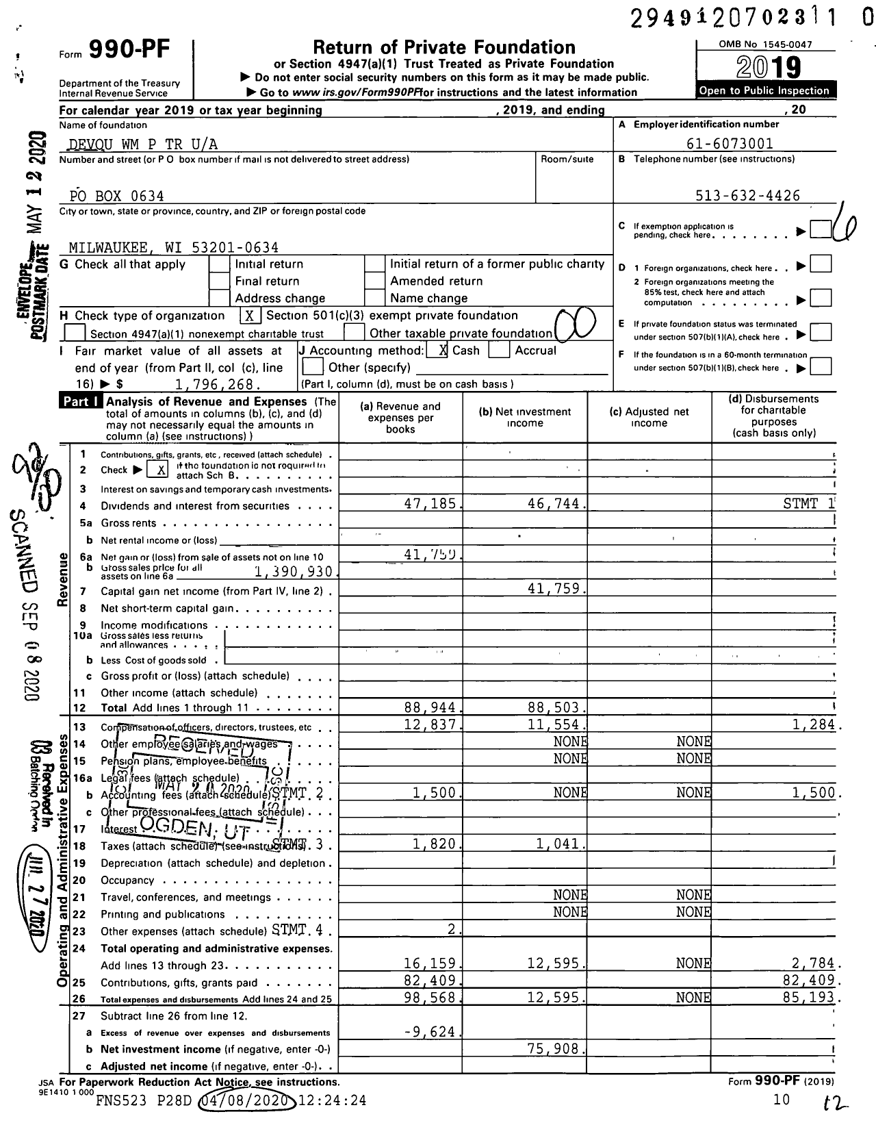 Image of first page of 2019 Form 990PR for Devou WM P Trust