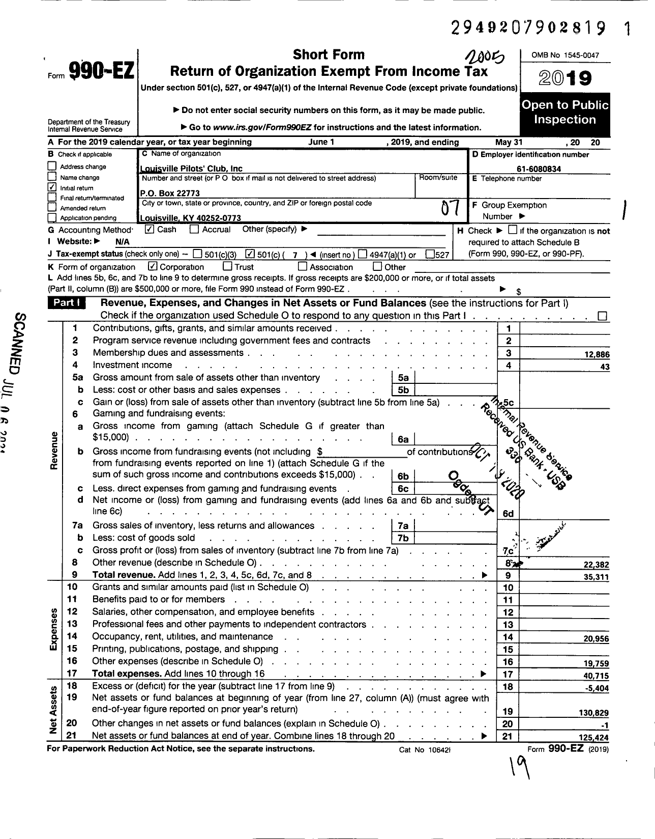 Image of first page of 2019 Form 990EO for Louisville Pilots Club