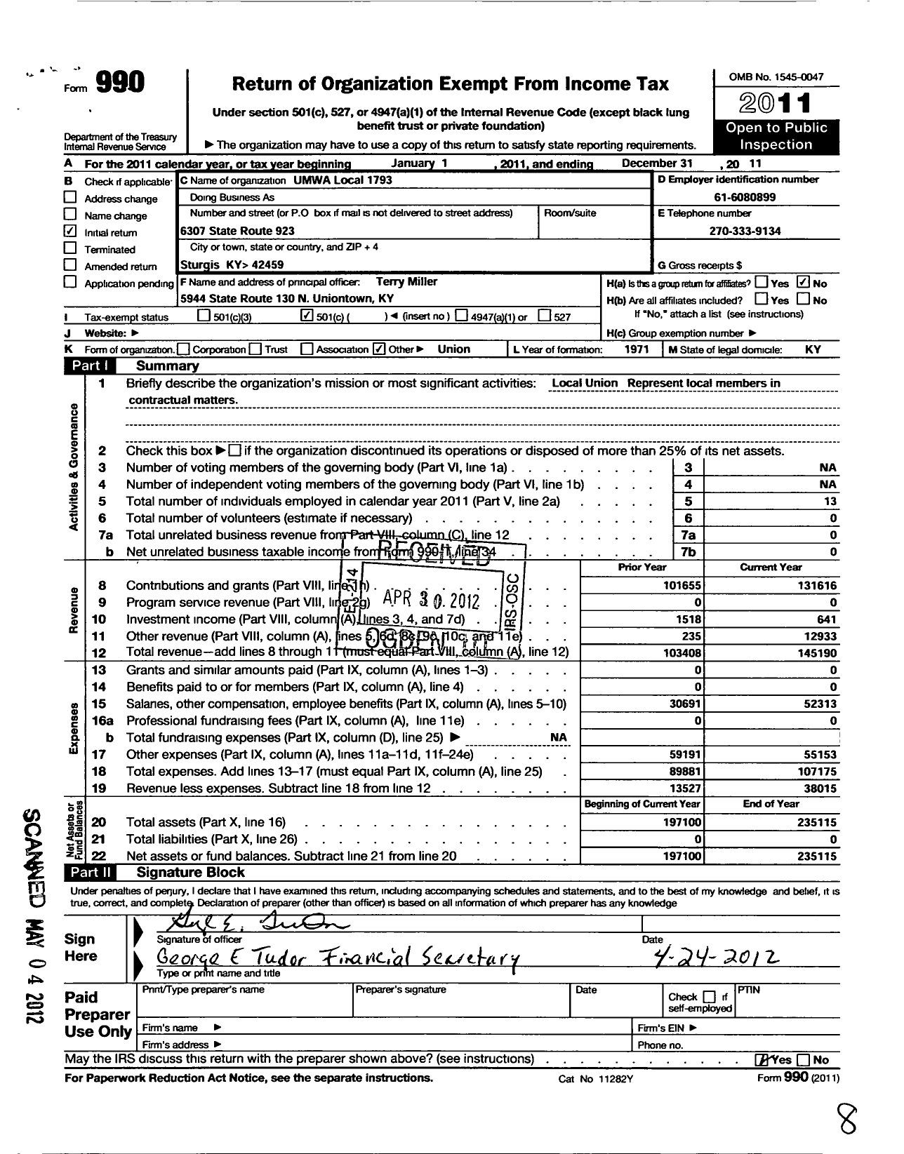 Image of first page of 2011 Form 990O for United Mine Workers of America International - 1793 Local