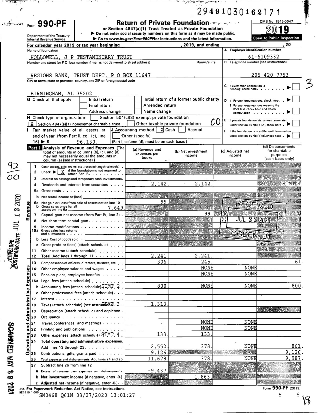 Image of first page of 2019 Form 990PF for Hollowell J P Testamentary Trust