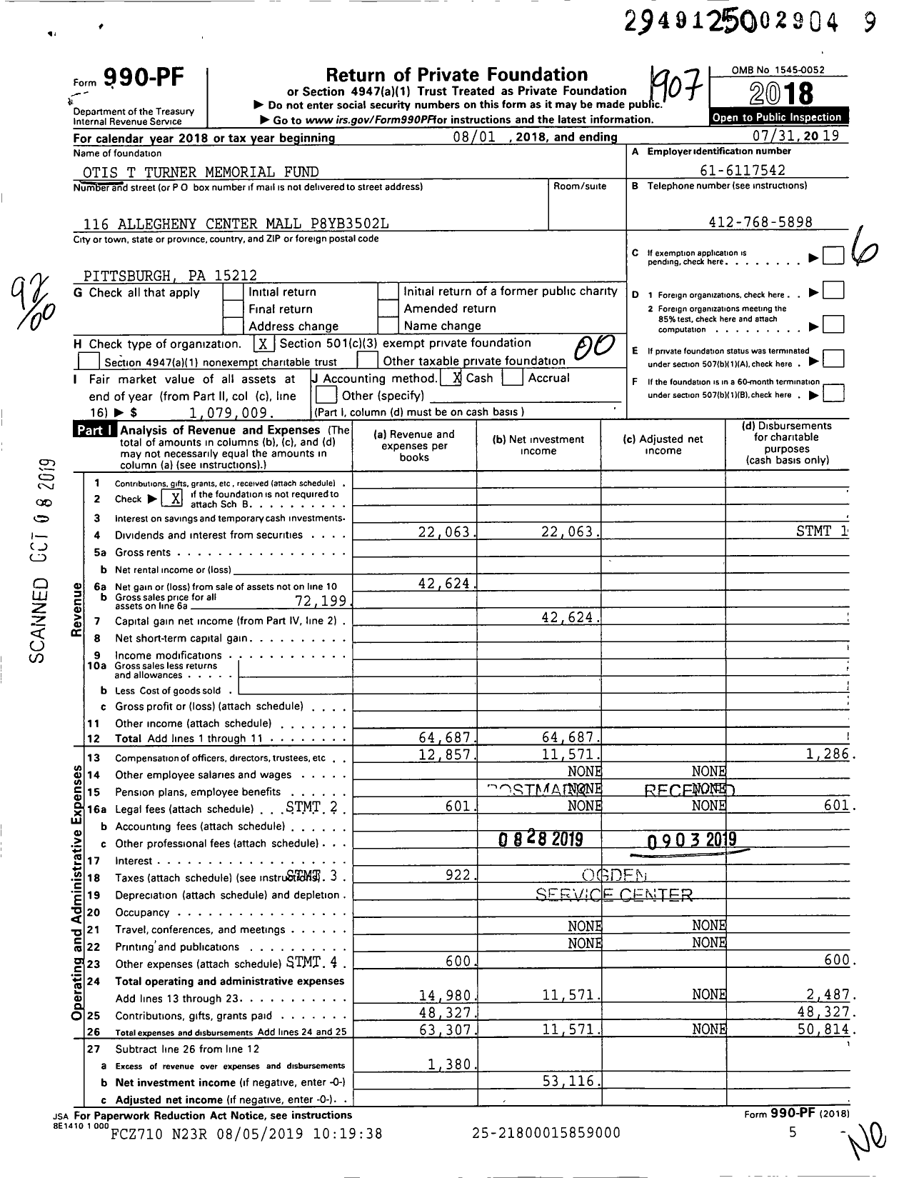 Image of first page of 2018 Form 990PF for Otis T Turner Memorial Fund