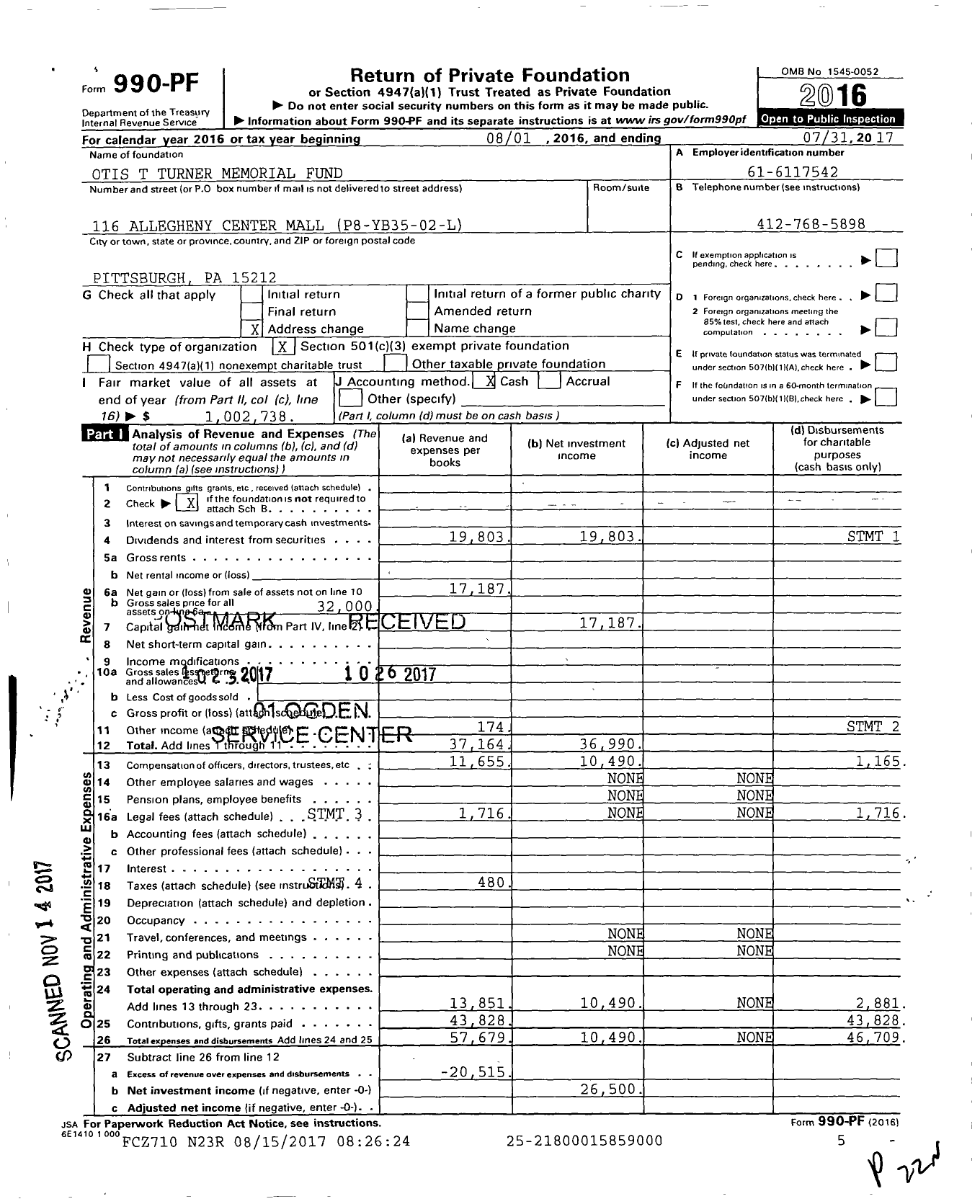 Image of first page of 2016 Form 990PF for Otis T Turner Memorial Fund