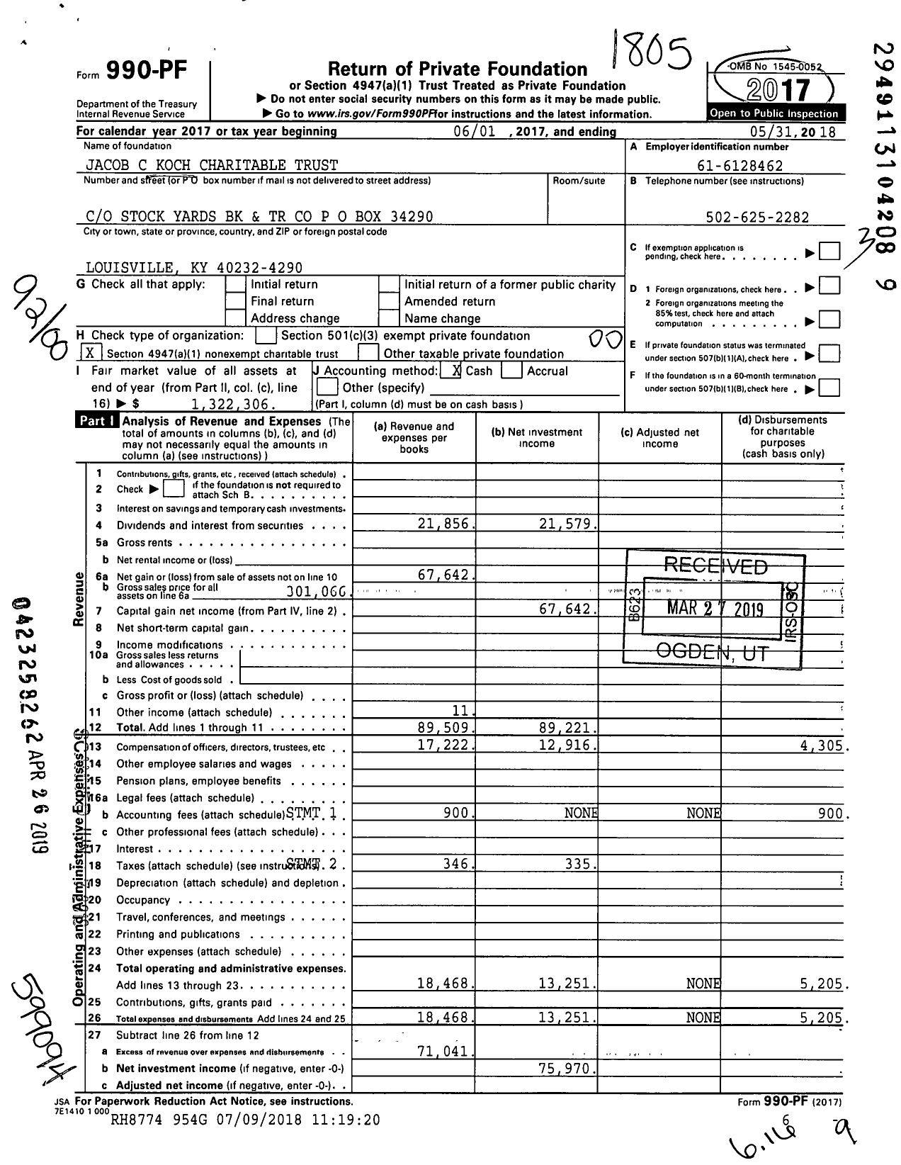 Image of first page of 2017 Form 990PF for Jacob C Koch Charitable Trust