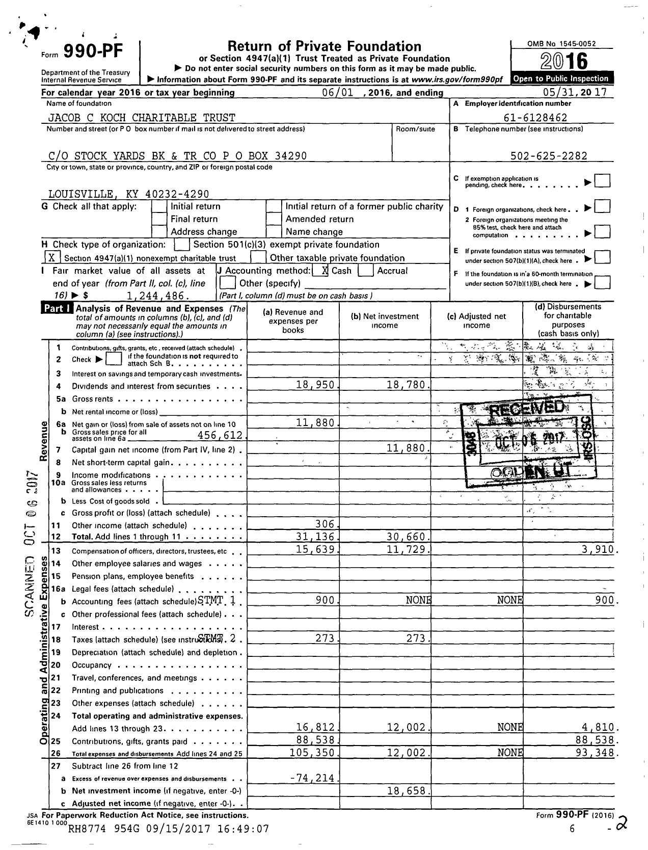 Image of first page of 2016 Form 990PF for Jacob C Koch Charitable Trust