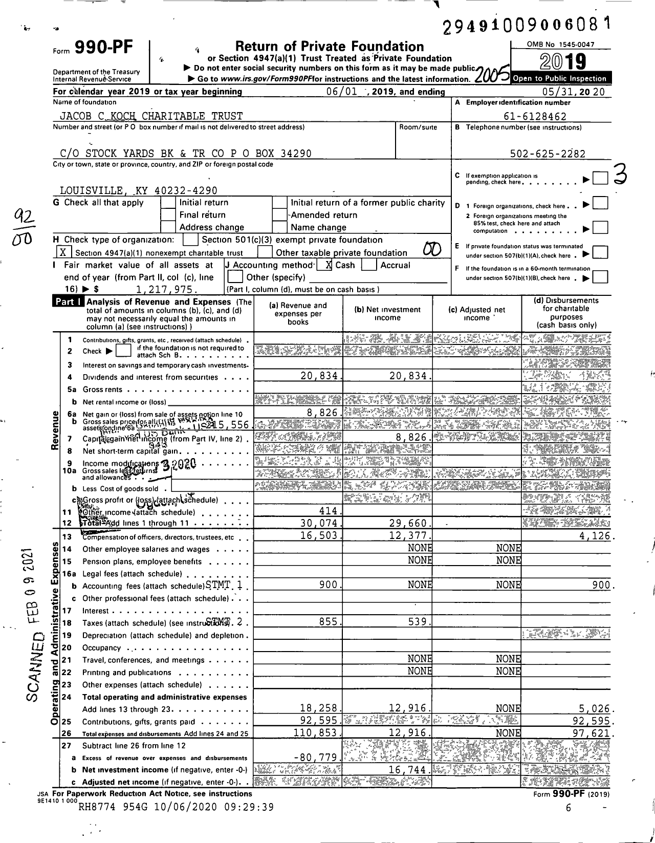 Image of first page of 2019 Form 990PF for Jacob C Koch Charitable Trust