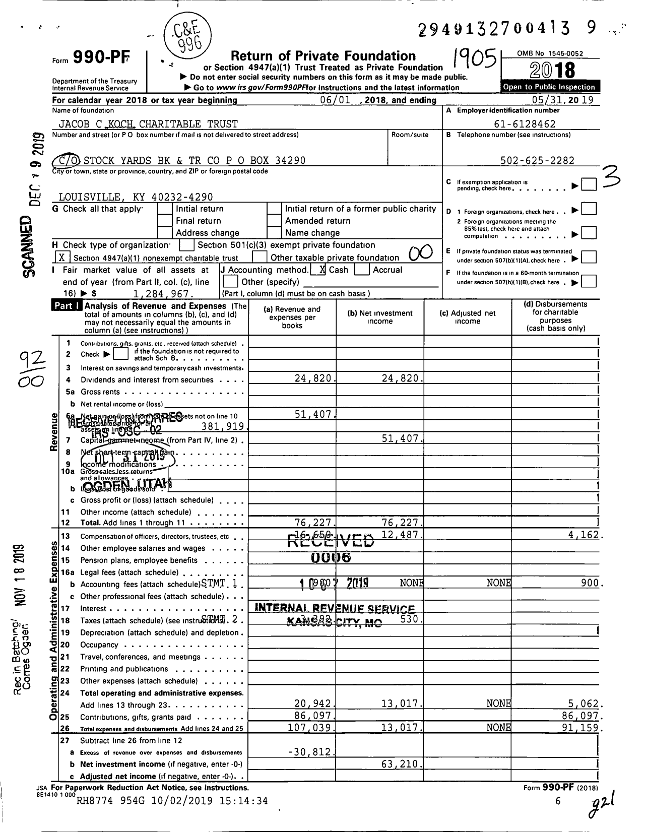 Image of first page of 2018 Form 990PF for Jacob C Koch Charitable Trust