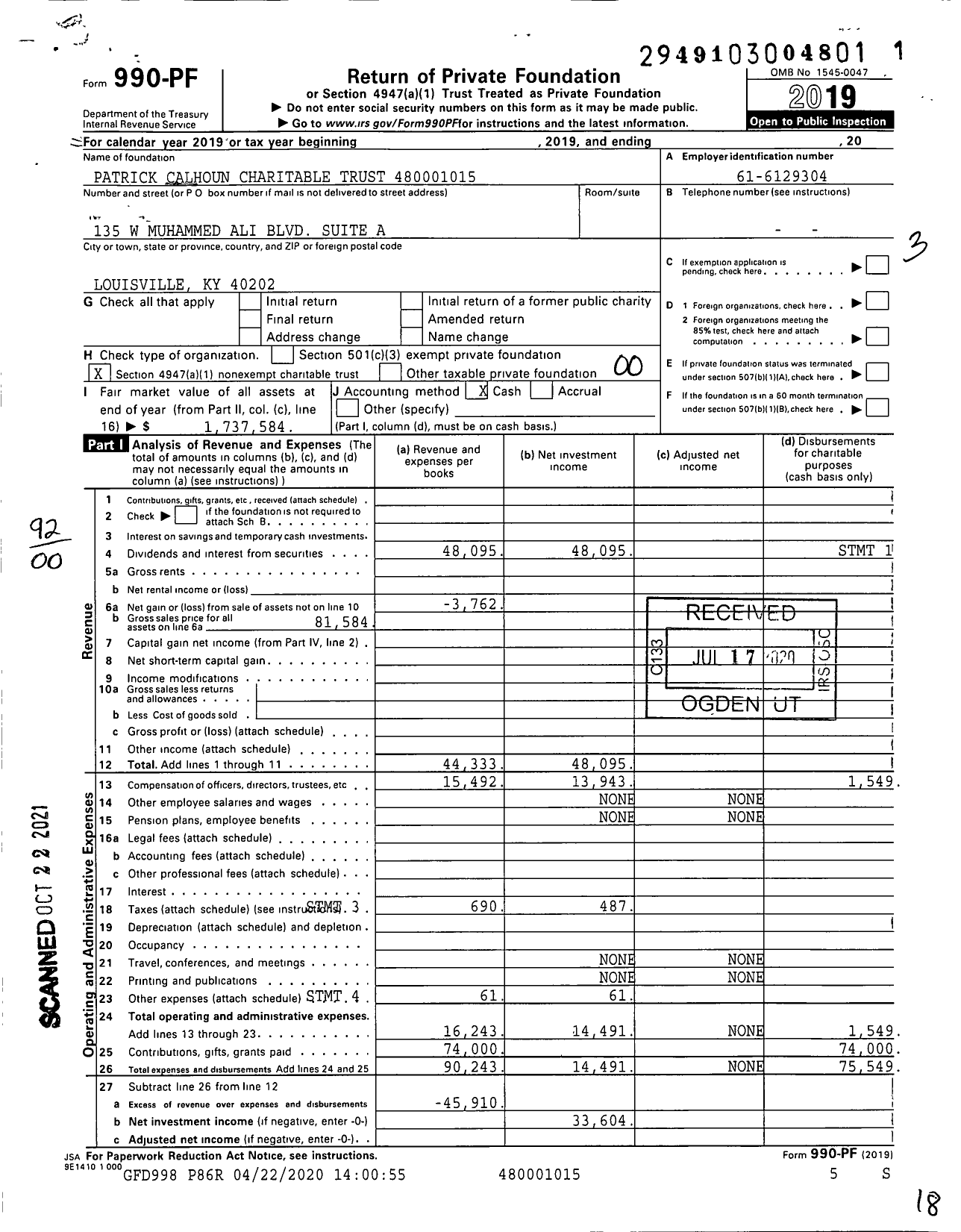 Image of first page of 2019 Form 990PF for Patrick Calhoun Charitable Trust