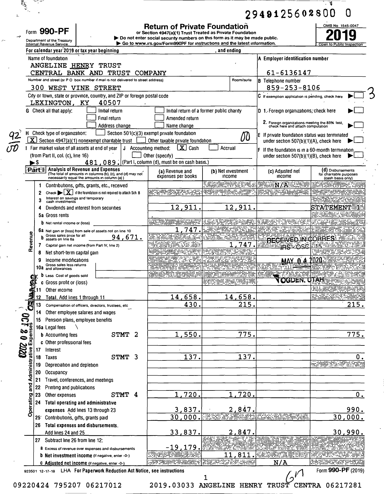 Image of first page of 2019 Form 990PR for Angeline Henry Trust Central Bank and Trust Company