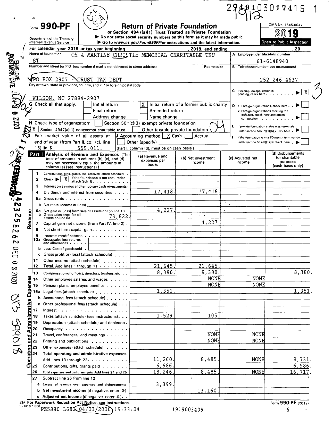 Image of first page of 2019 Form 990PF for Oh and Martine Christie Memorial Charitable Trust