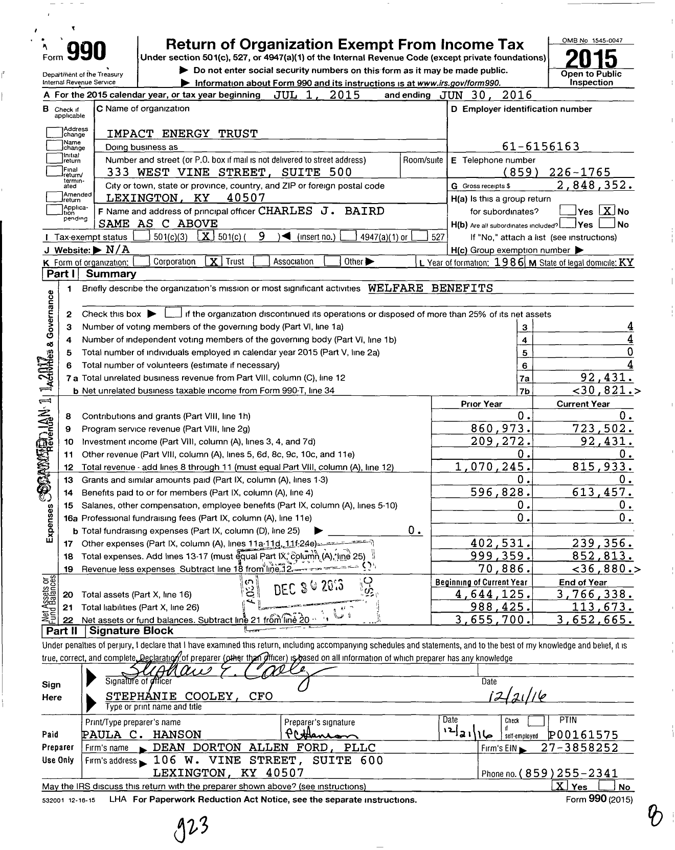 Image of first page of 2015 Form 990O for Impact Energy Trust