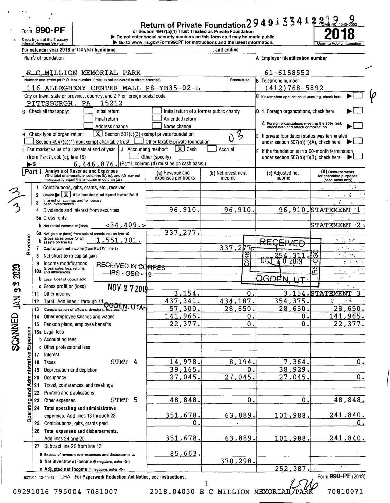 Image of first page of 2018 Form 990PF for E C Million Memorial Park