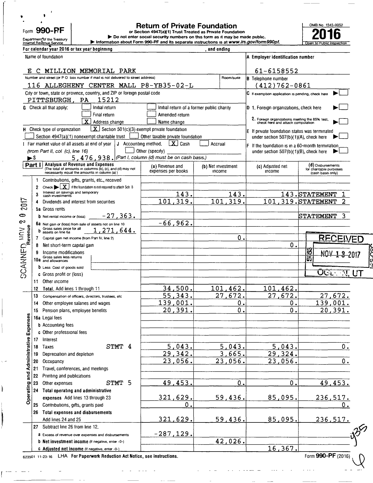 Image of first page of 2016 Form 990PF for E C Million Memorial Park