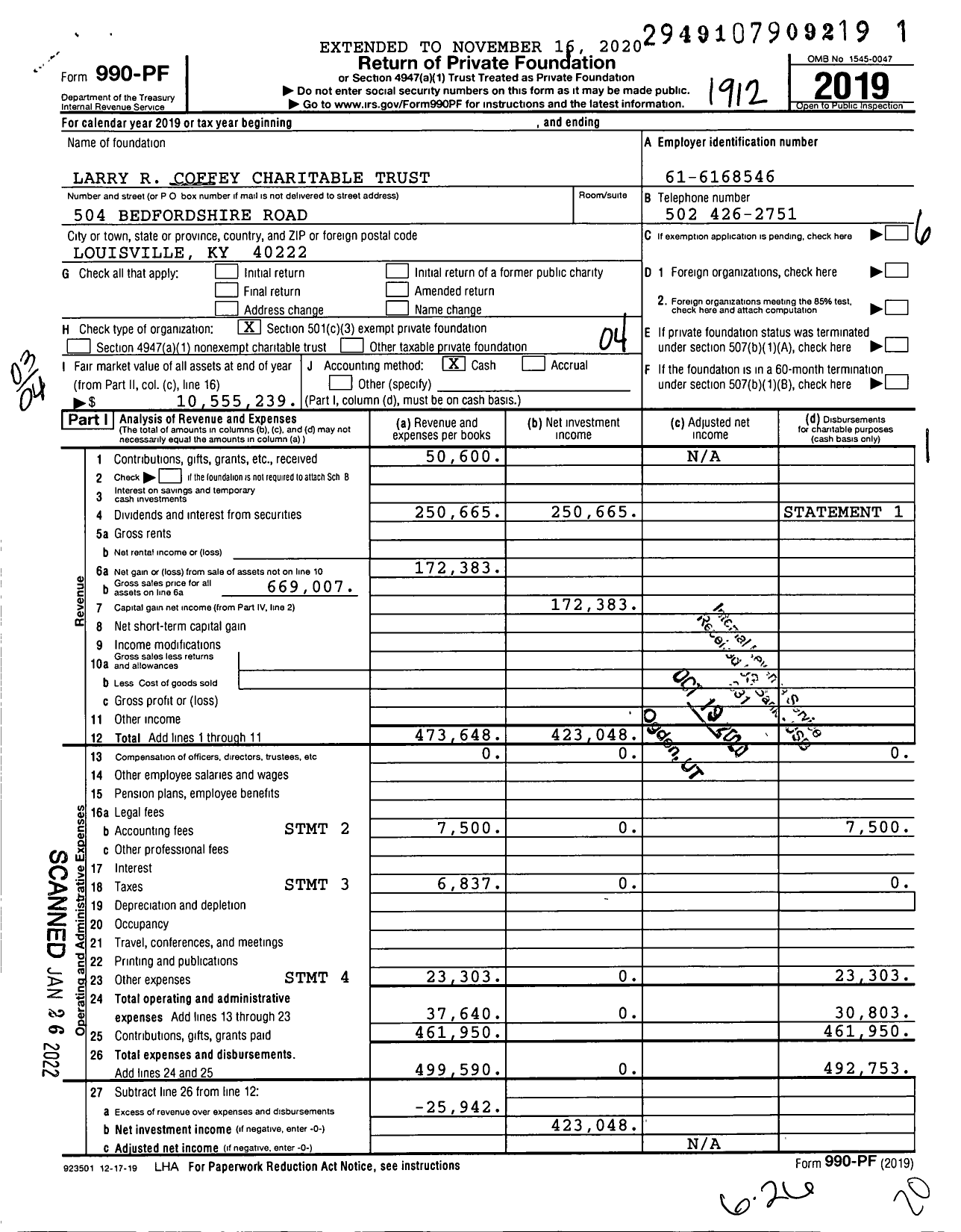 Image of first page of 2019 Form 990PF for Larry R Coffey Charitable Trust