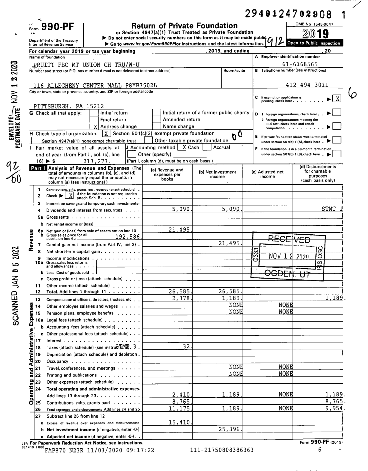 Image of first page of 2019 Form 990PF for Pruitt Fbo MT Union CH Truw-U