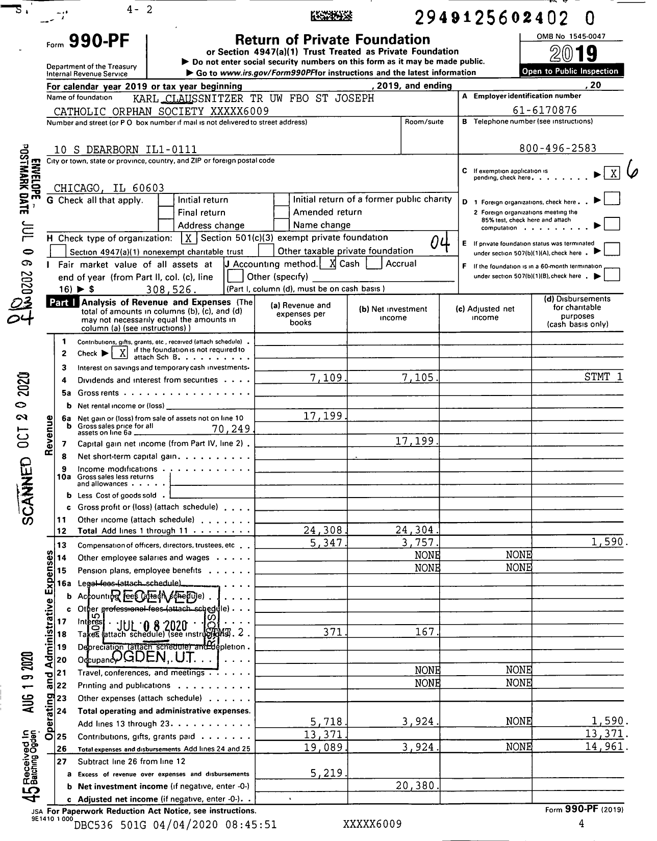 Image of first page of 2019 Form 990PR for Karl Claussnitzer TR Uw Fbo St Joseph