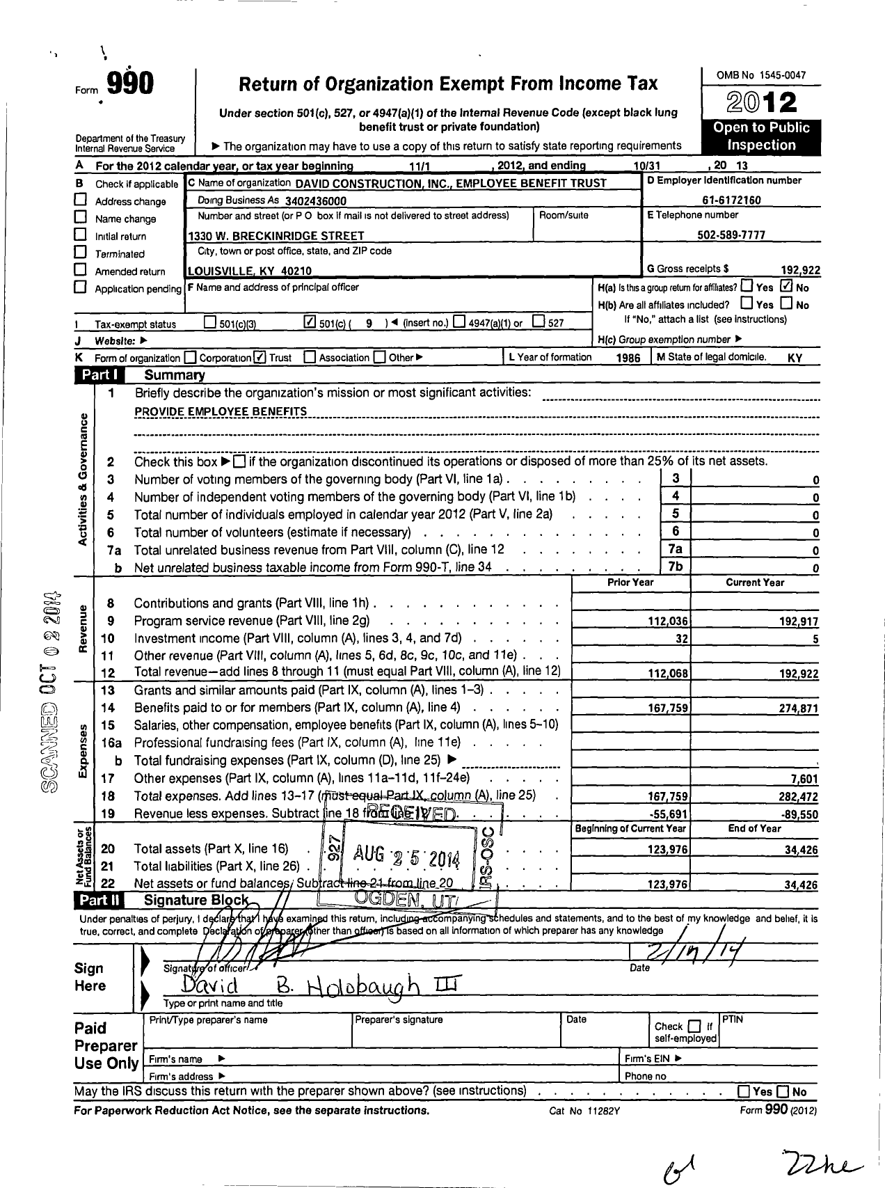 Image of first page of 2012 Form 990O for David Construction Employee Benefit Trust