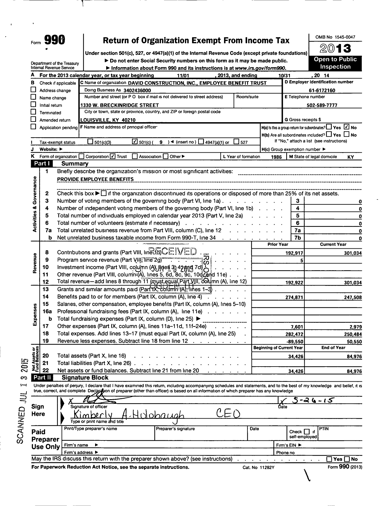 Image of first page of 2013 Form 990O for David Construction Employee Benefit Trust