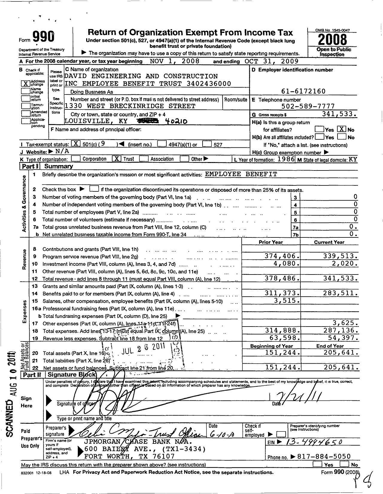 Image of first page of 2008 Form 990O for David Construction Employee Benefit Trust